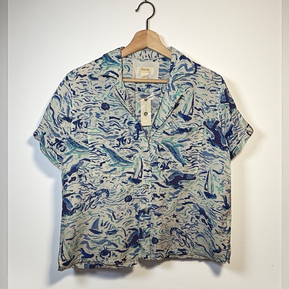 NWT Anthropologie Maeve Nautical Linen Blouse XS Coastal Ocean Print - Picture 2 of 6